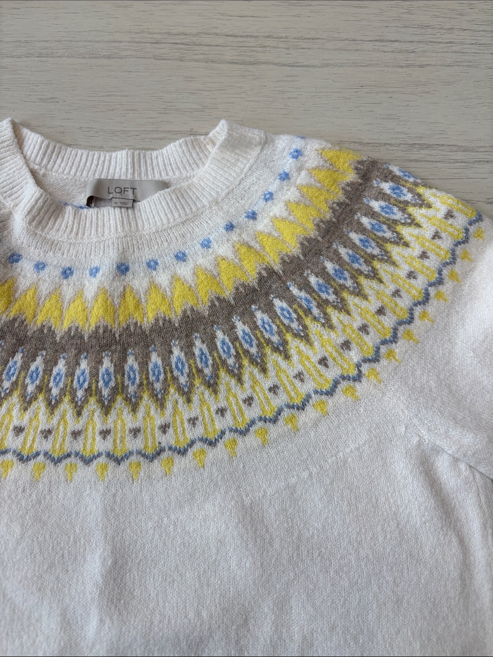 LOFT Fair Isle Sweater Womens M White Yellow Blue Cozy Knit Crewneck - Picture 3 of 8
